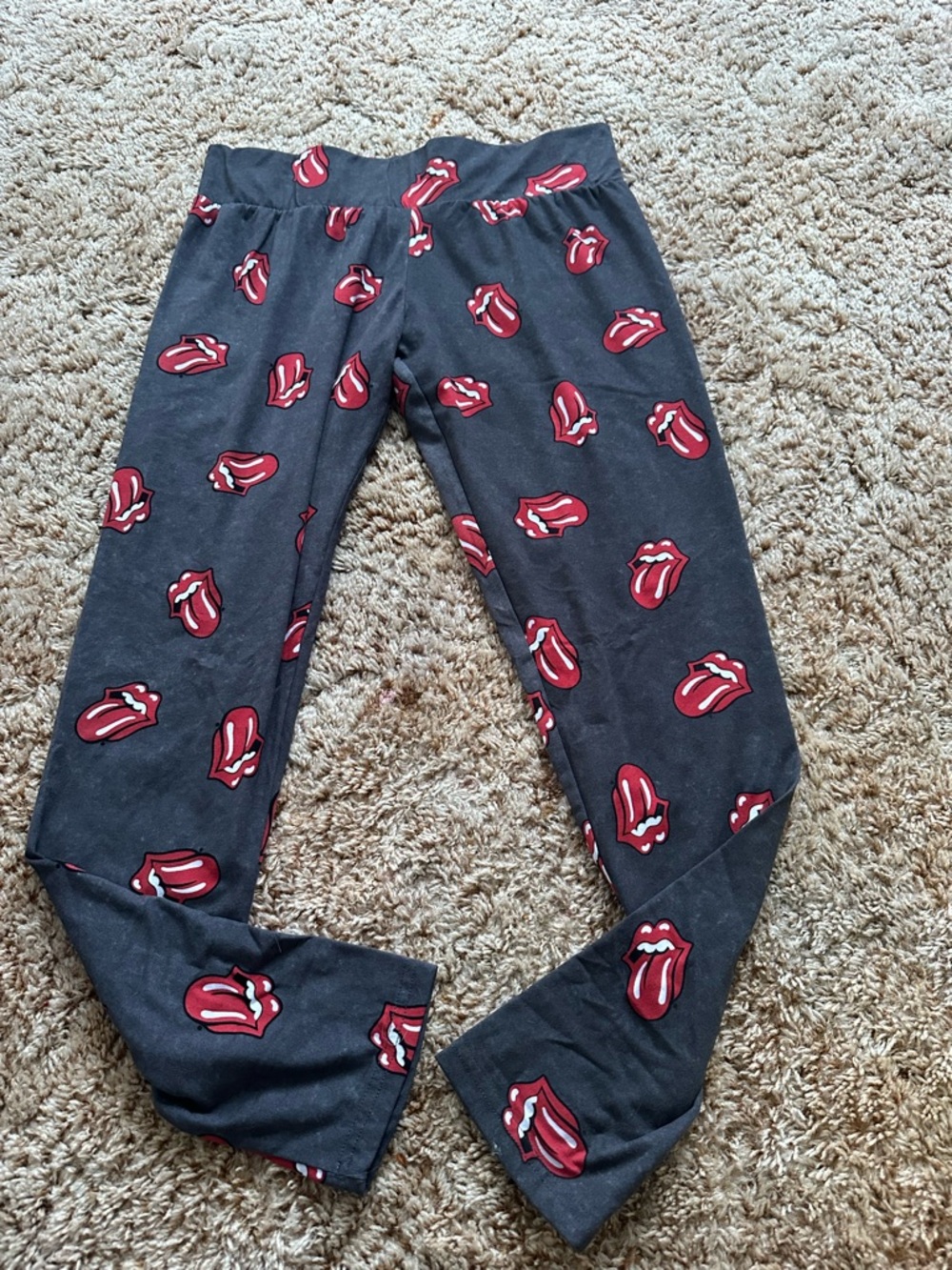 the Rolling Stones Black Leggings with Red Tongue Print
